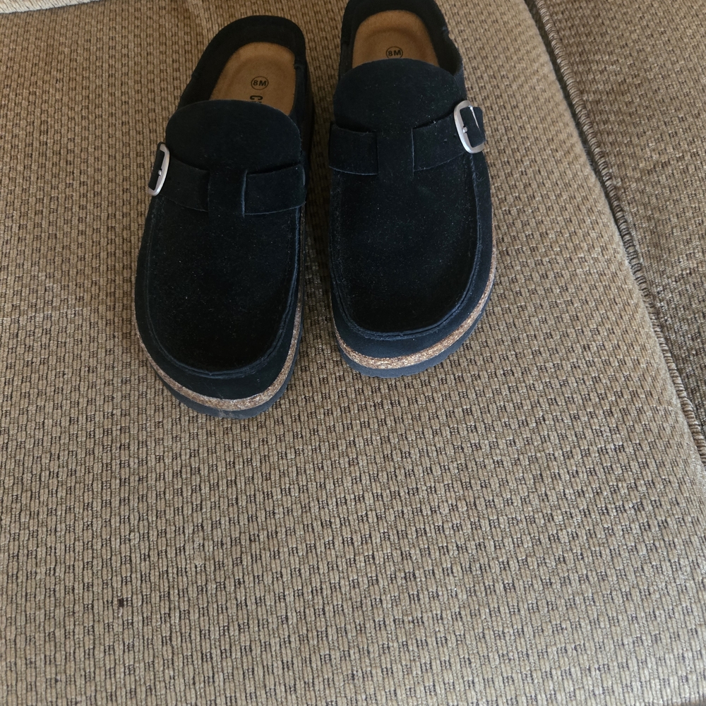 Black Suede Buckle Mules with Cork-Trim Sole - Picture 1 of 3
